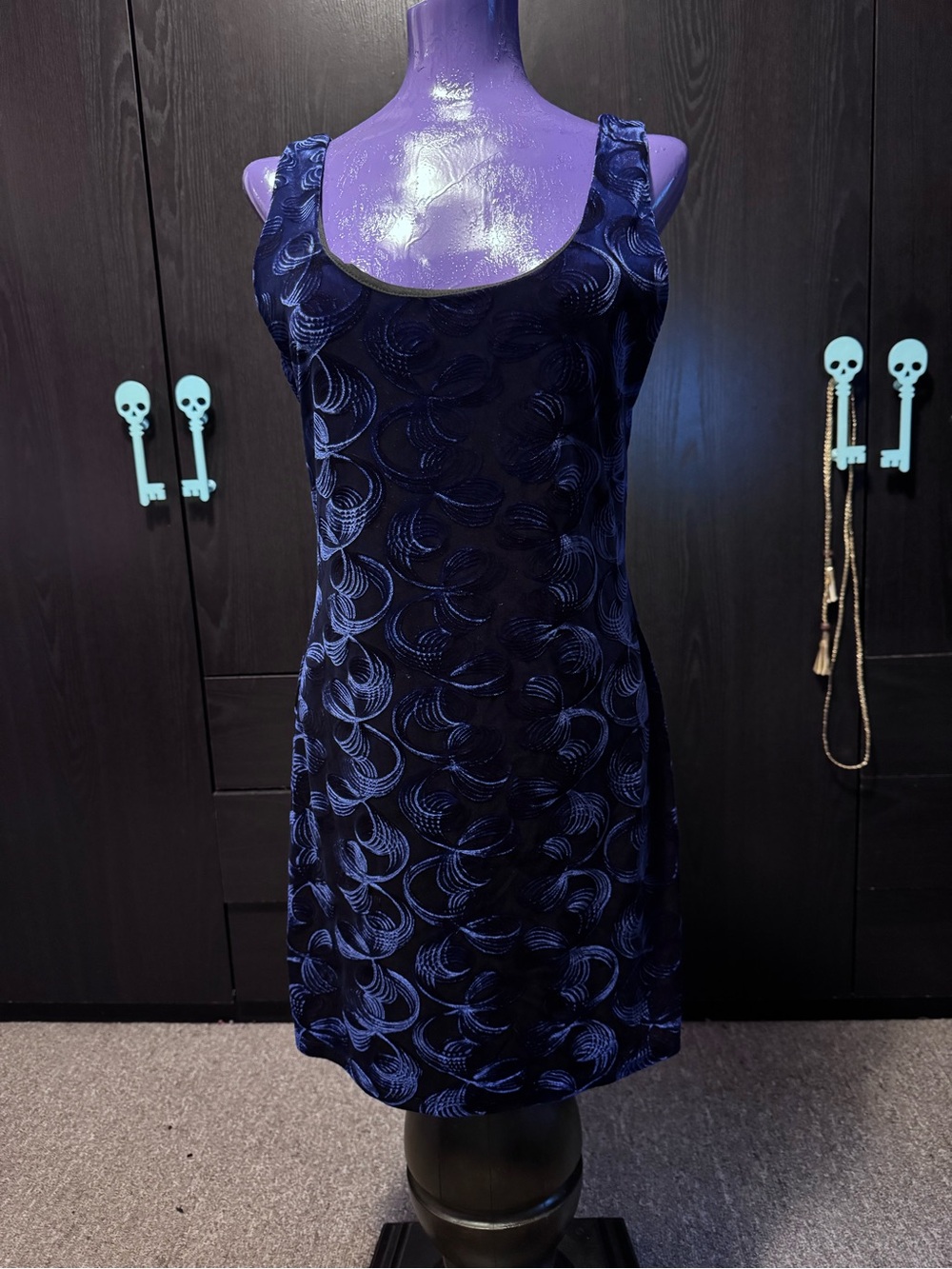 Eclipse Navy Blue Velvet Mini Dress with Swirl Pattern